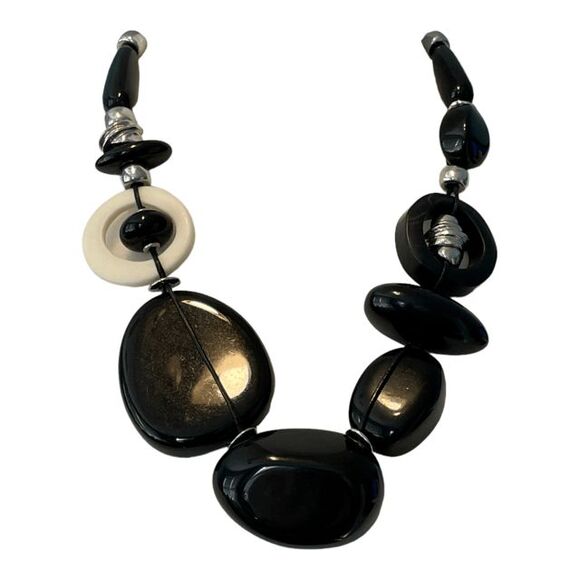 Chico's Statement Necklace Black Cream Silver Large Stones Rock Plastic Beads - Picture 1 of 4